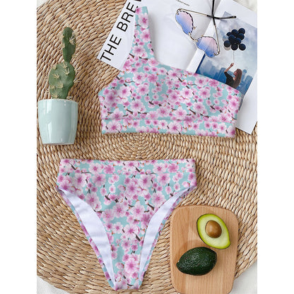 Sakura Cherry Blossom Pattern Print One Shoulder Bikini Top