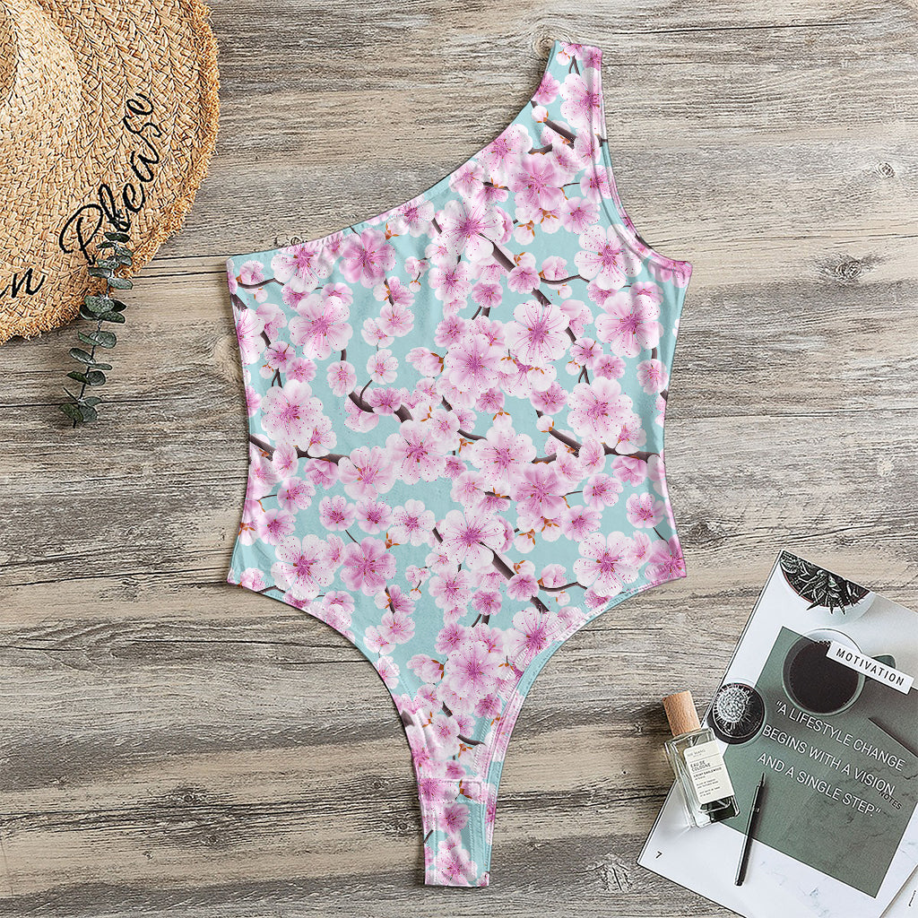 Sakura Cherry Blossom Pattern Print One Shoulder Bodysuit