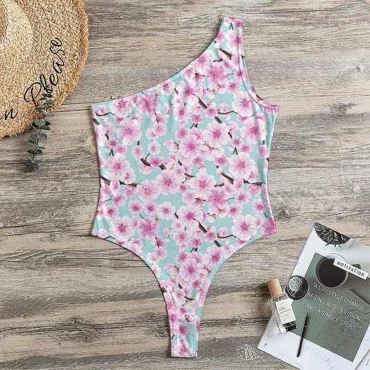 Sakura Cherry Blossom Pattern Print One Shoulder Bodysuit