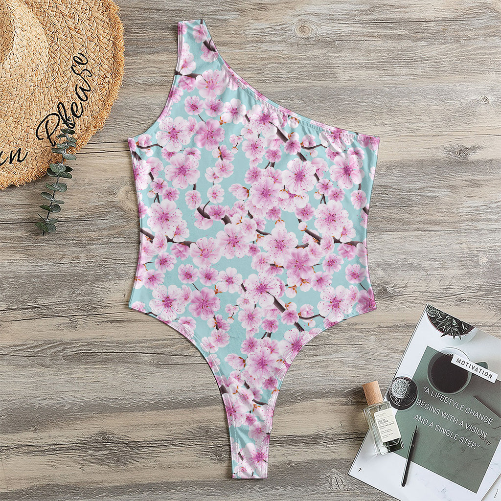 Sakura Cherry Blossom Pattern Print One Shoulder Bodysuit