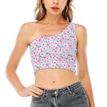Sakura Cherry Blossom Pattern Print One Shoulder Crop Top
