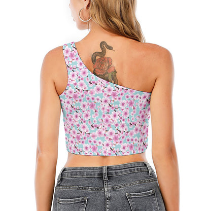 Sakura Cherry Blossom Pattern Print One Shoulder Crop Top