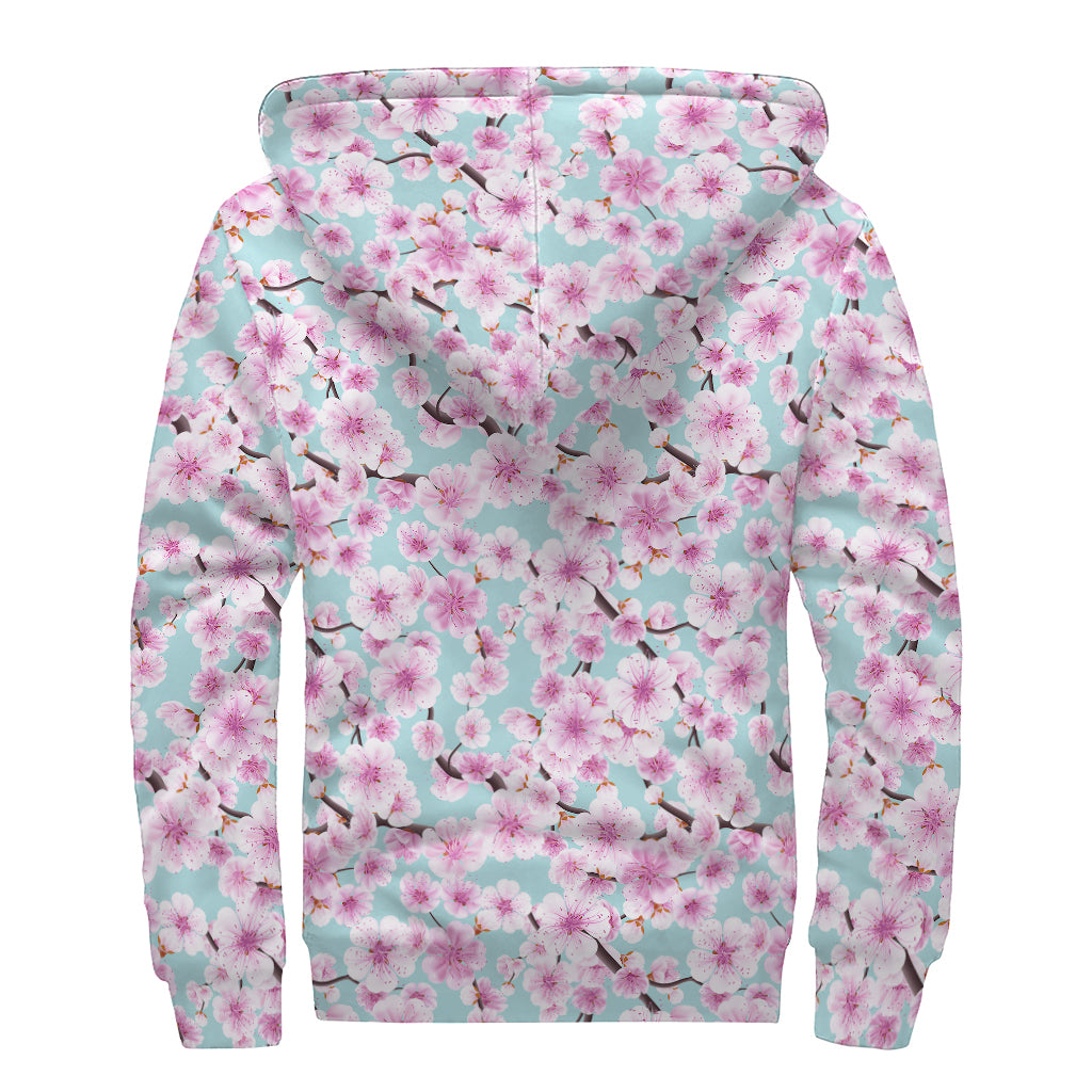 Sakura Cherry Blossom Pattern Print Sherpa Lined Zip Up Hoodie