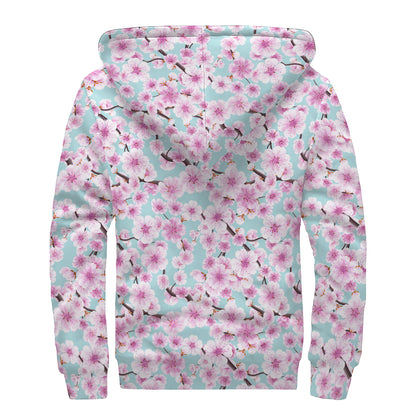 Sakura Cherry Blossom Pattern Print Sherpa Lined Zip Up Hoodie
