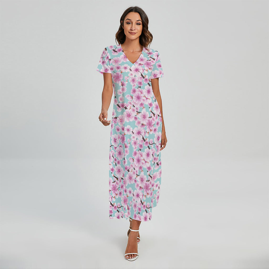Sakura Cherry Blossom Pattern Print Short Sleeve Maxi Dress