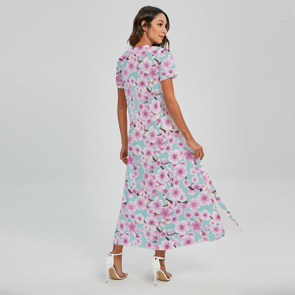 Sakura Cherry Blossom Pattern Print Short Sleeve Maxi Dress