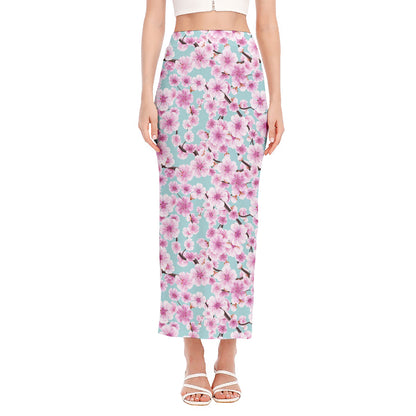 Sakura Cherry Blossom Pattern Print Side Slit Maxi Skirt