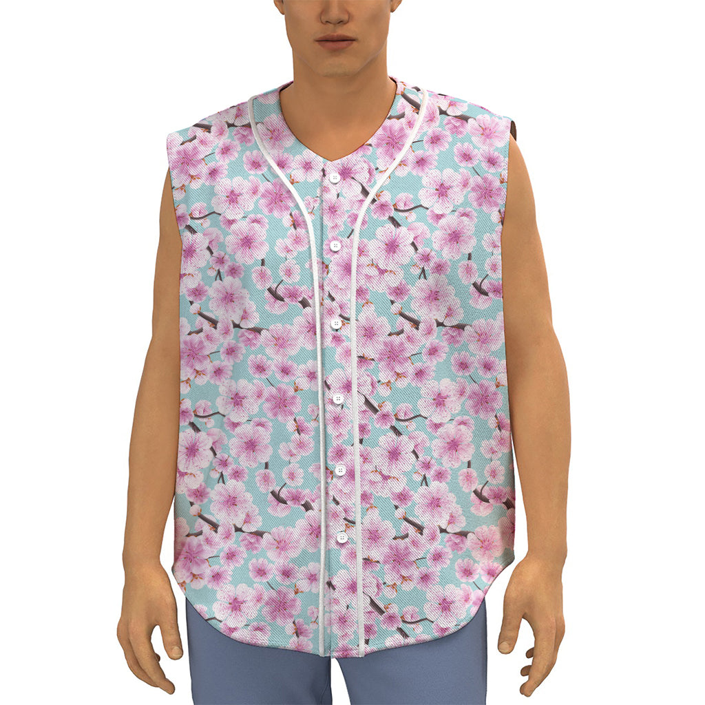 Sakura Cherry Blossom Pattern Print Sleeveless Baseball Jersey