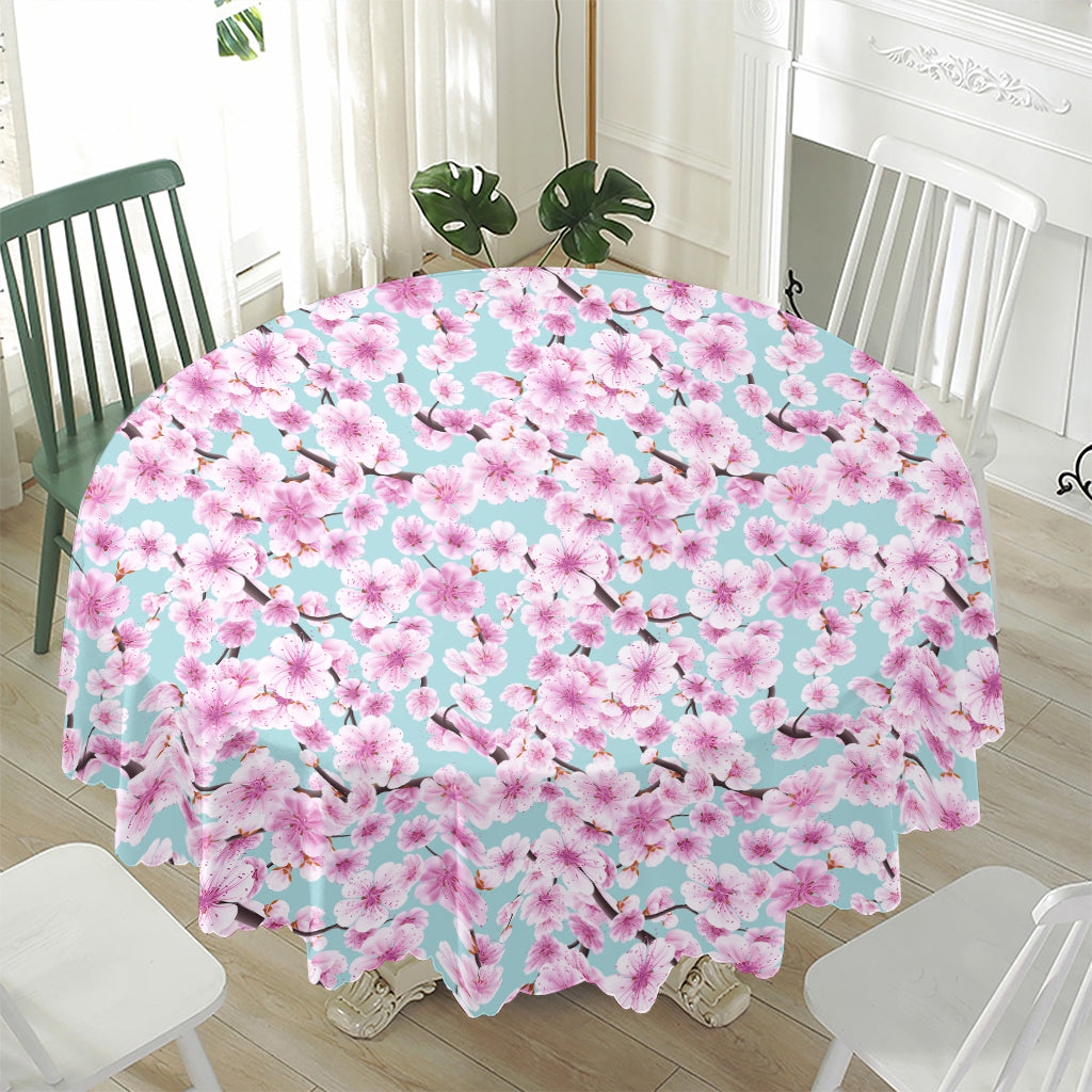 Sakura Cherry Blossom Pattern Print Waterproof Round Tablecloth