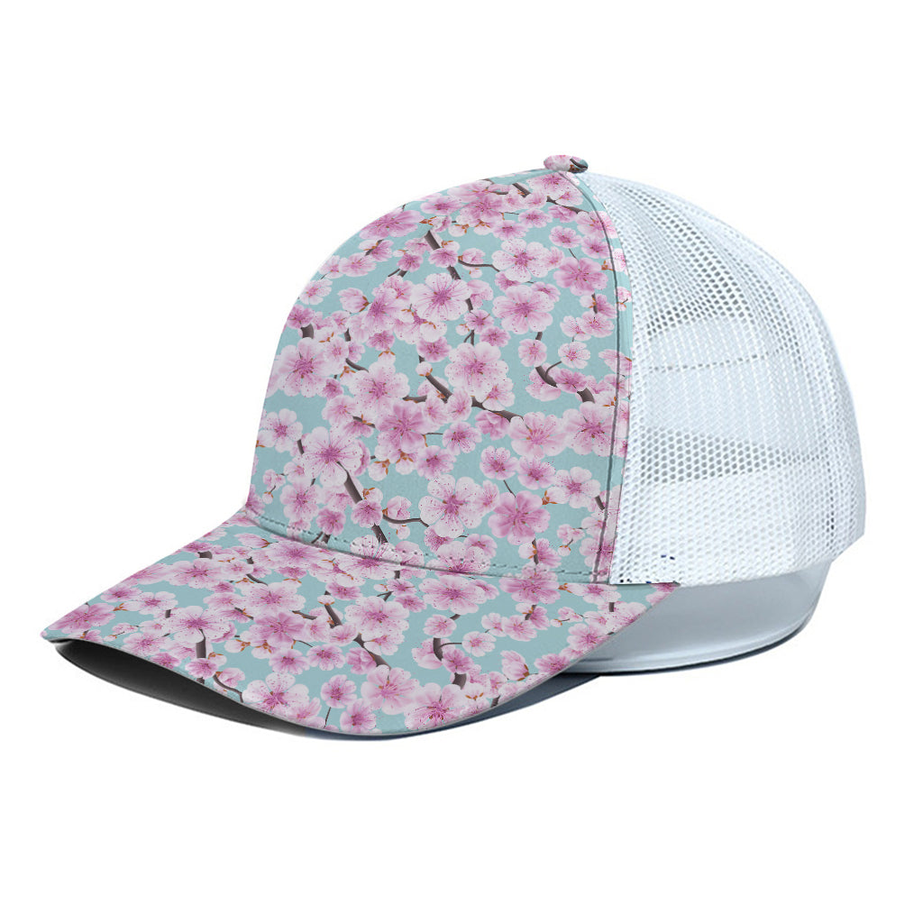 Sakura Cherry Blossom Pattern Print White Mesh Trucker Cap