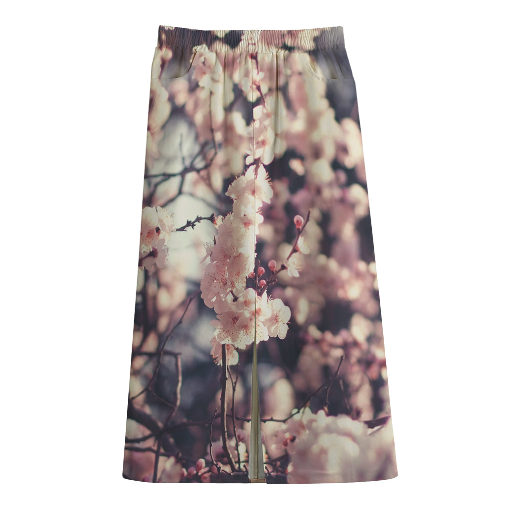 Sakura Cherry Blossom Print Cotton Front Slit Maxi Skirt