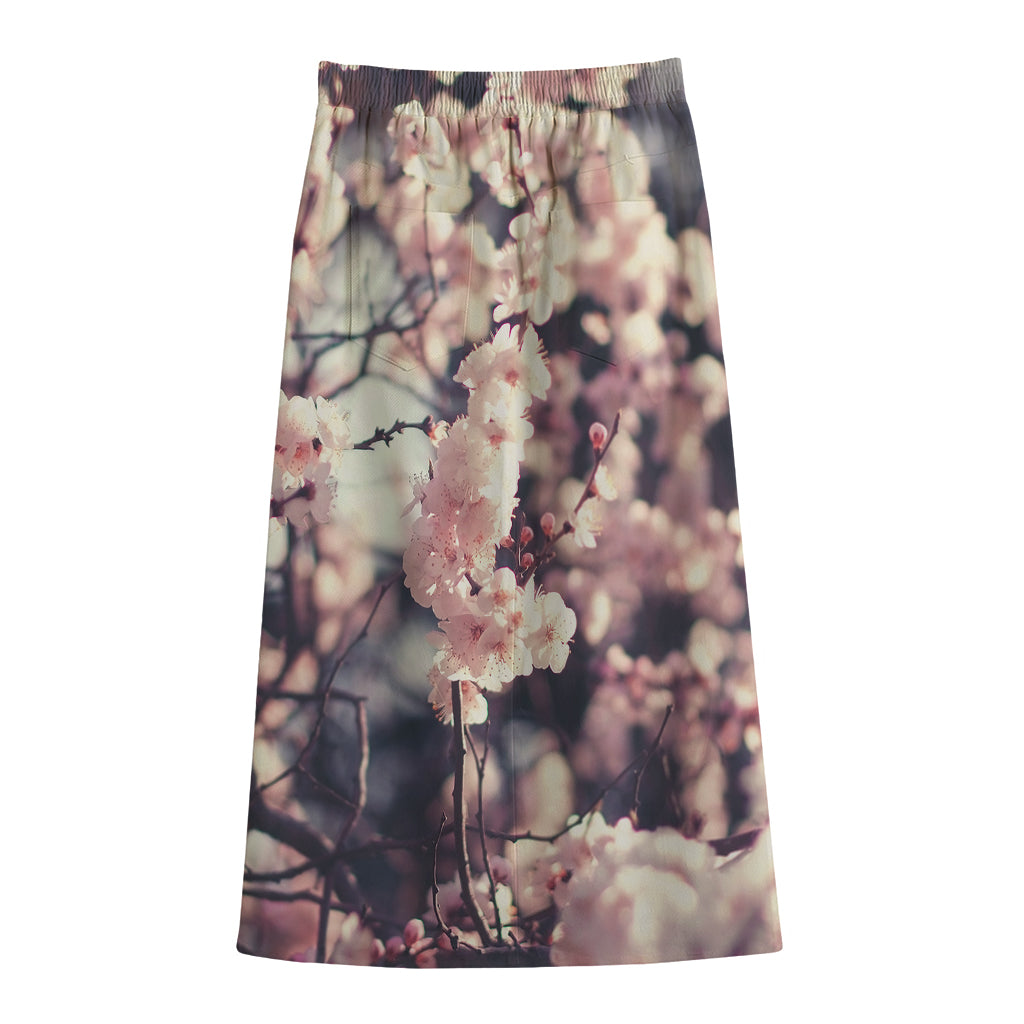 Sakura Cherry Blossom Print Cotton Front Slit Maxi Skirt
