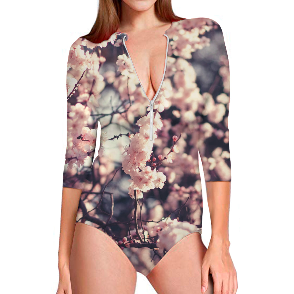 Sakura Cherry Blossom Print Long Sleeve Swimsuit