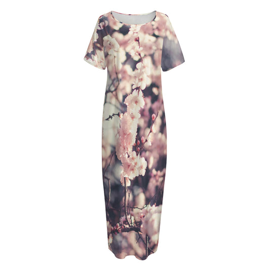 Sakura Cherry Blossom Print Short Sleeve Long Nightdress