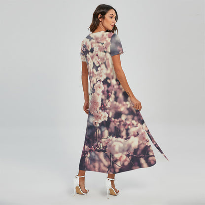 Sakura Cherry Blossom Print Short Sleeve Maxi Dress