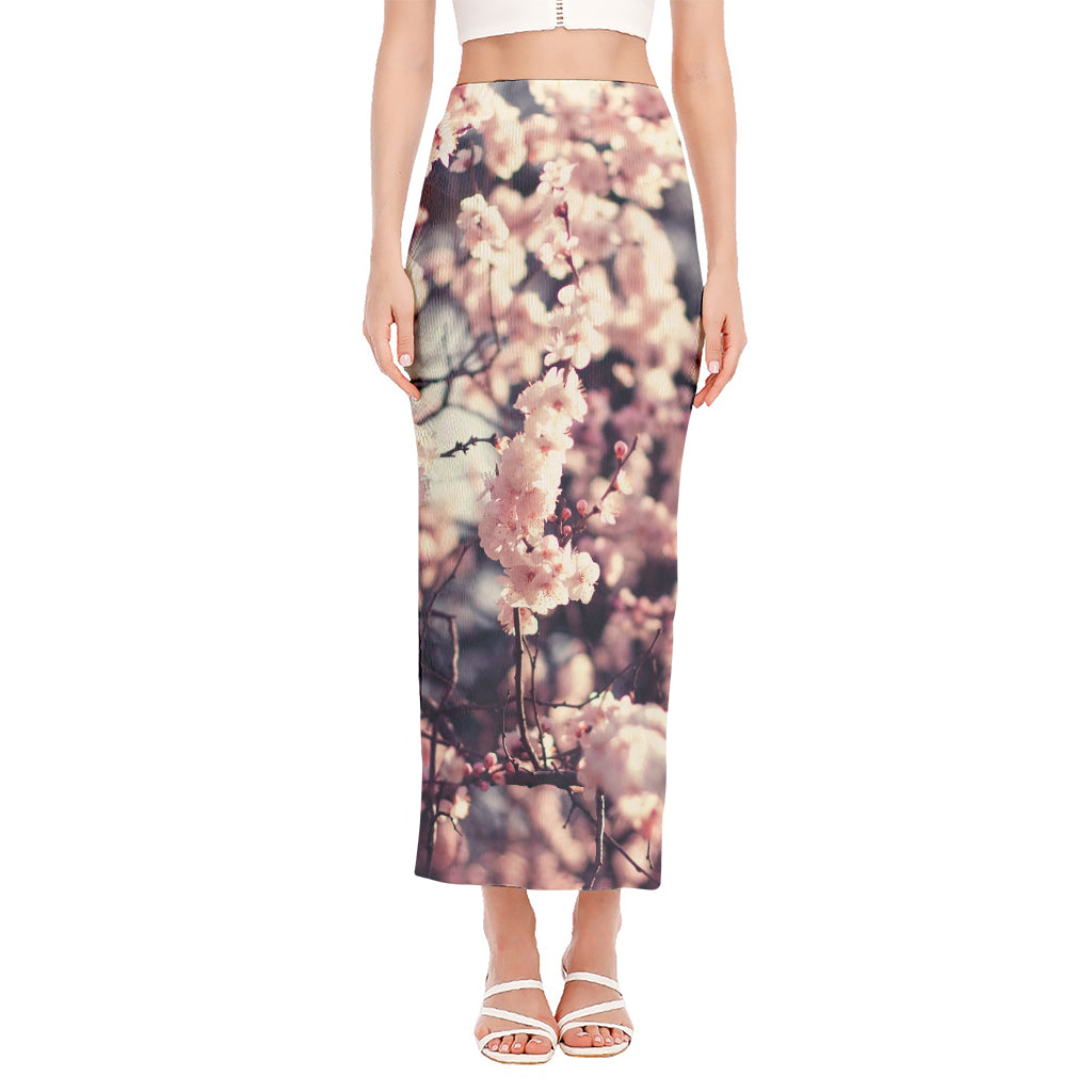 Sakura Cherry Blossom Print Side Slit Maxi Skirt