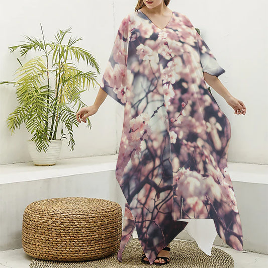 Sakura Cherry Blossom Print Silk V-Neck Kaftan Dress