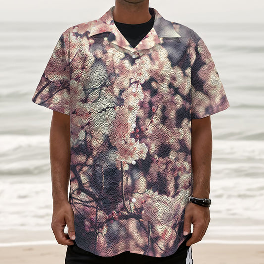 Sakura Cherry Blossom Print Textured Short Sleeve Shirt