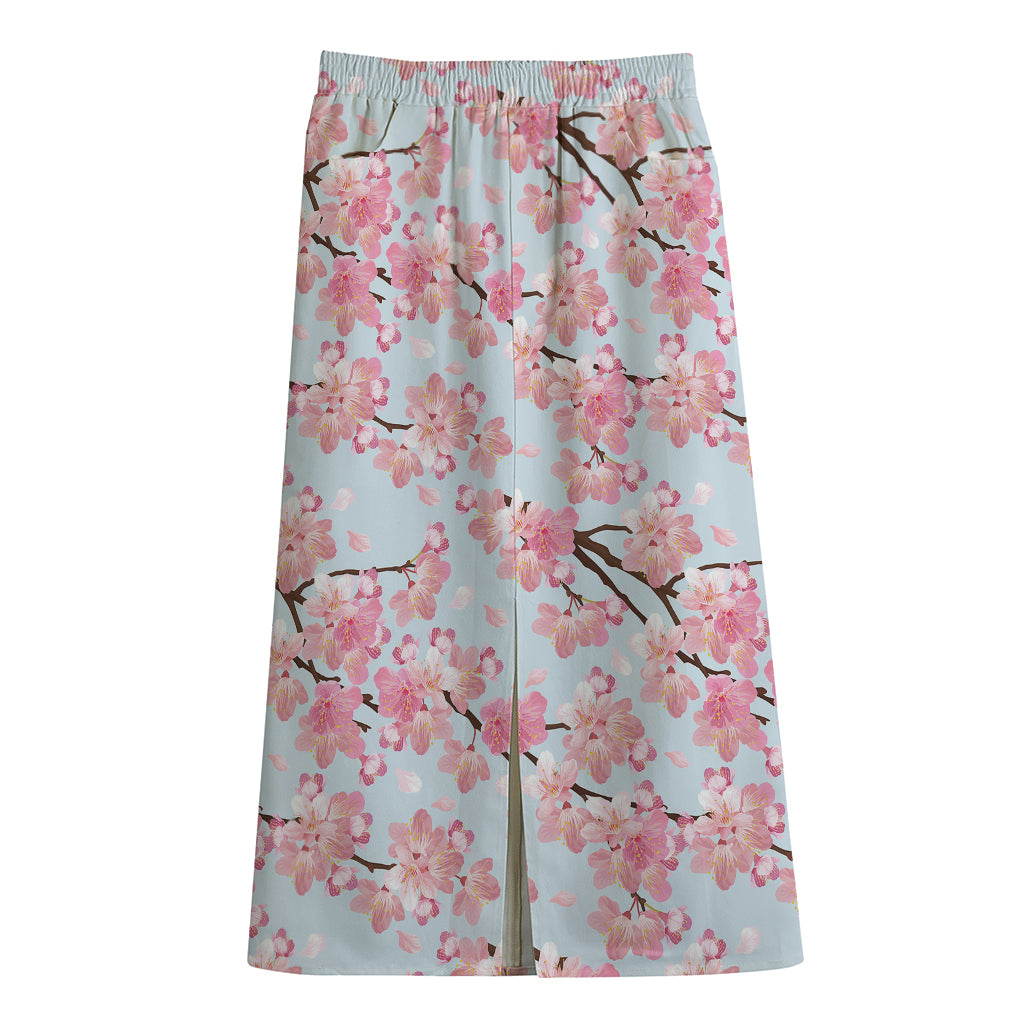 Sakura Flower Cherry Blossom Print Cotton Front Slit Maxi Skirt