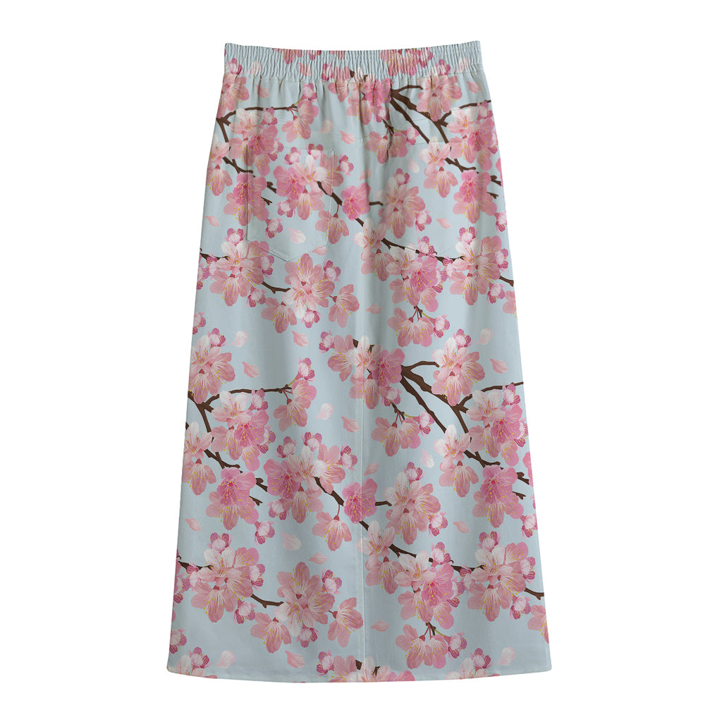 Sakura Flower Cherry Blossom Print Cotton Front Slit Maxi Skirt