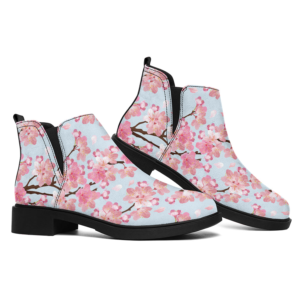 Sakura Flower Cherry Blossom Print Flat Ankle Boots