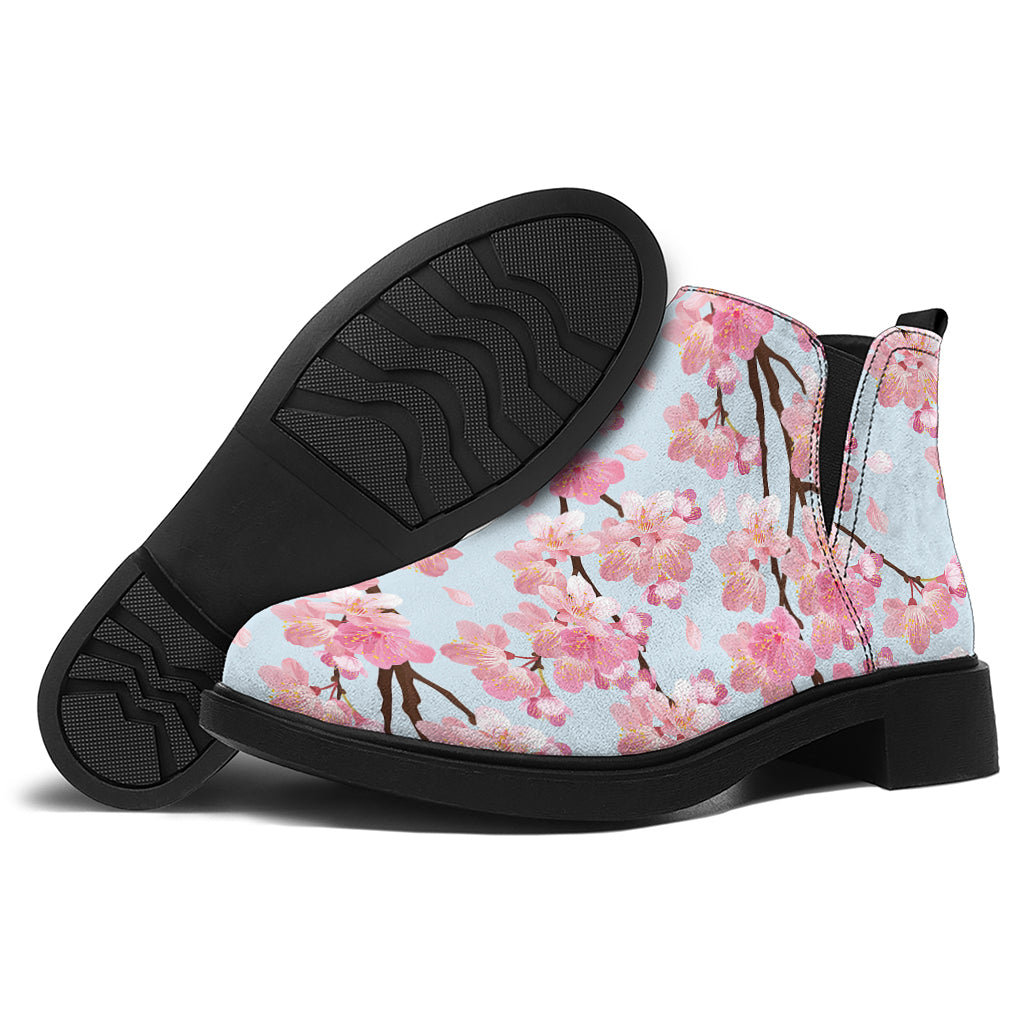 Sakura Flower Cherry Blossom Print Flat Ankle Boots