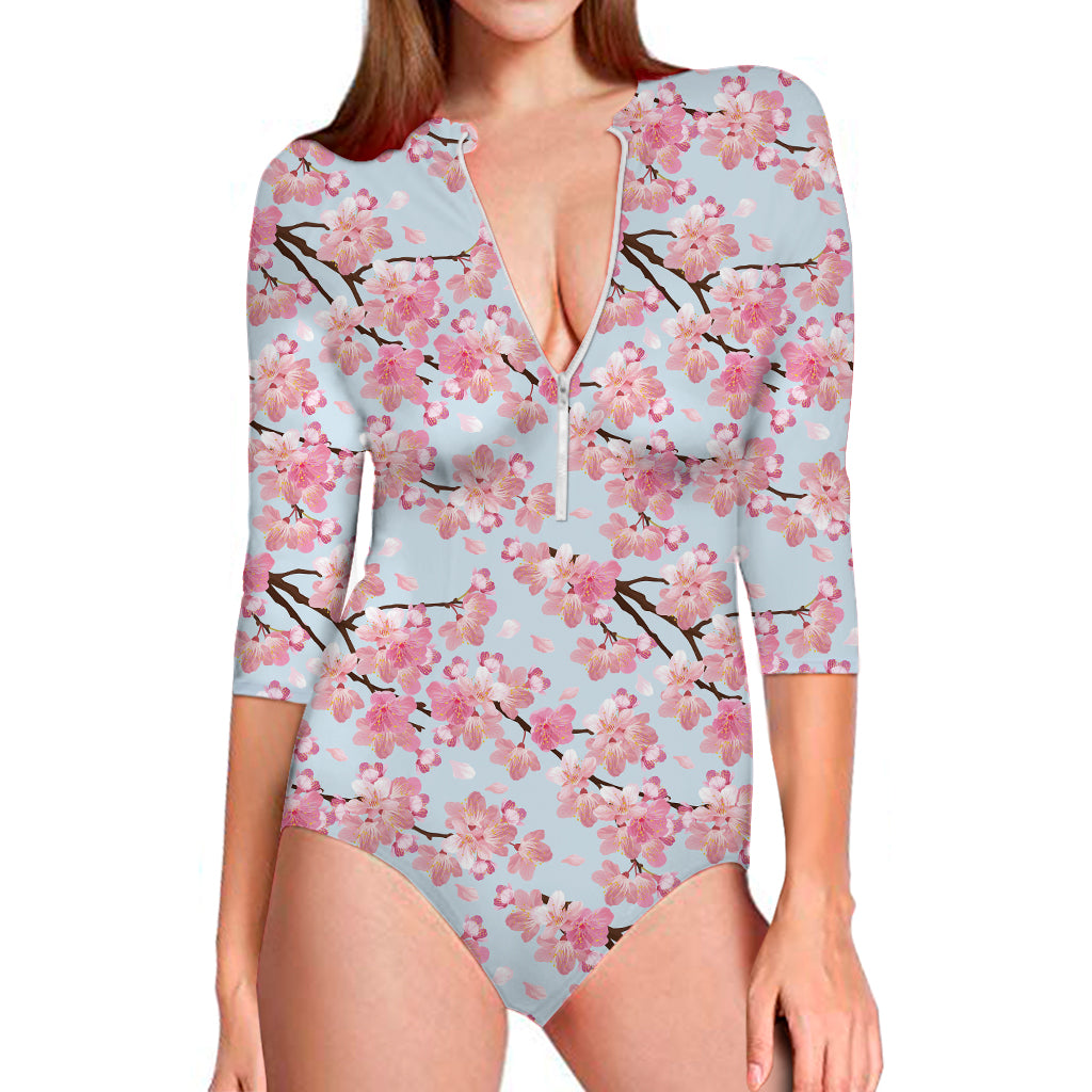 Sakura Flower Cherry Blossom Print Long Sleeve Swimsuit