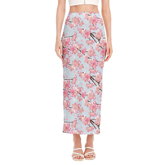 Sakura Flower Cherry Blossom Print Side Slit Maxi Skirt