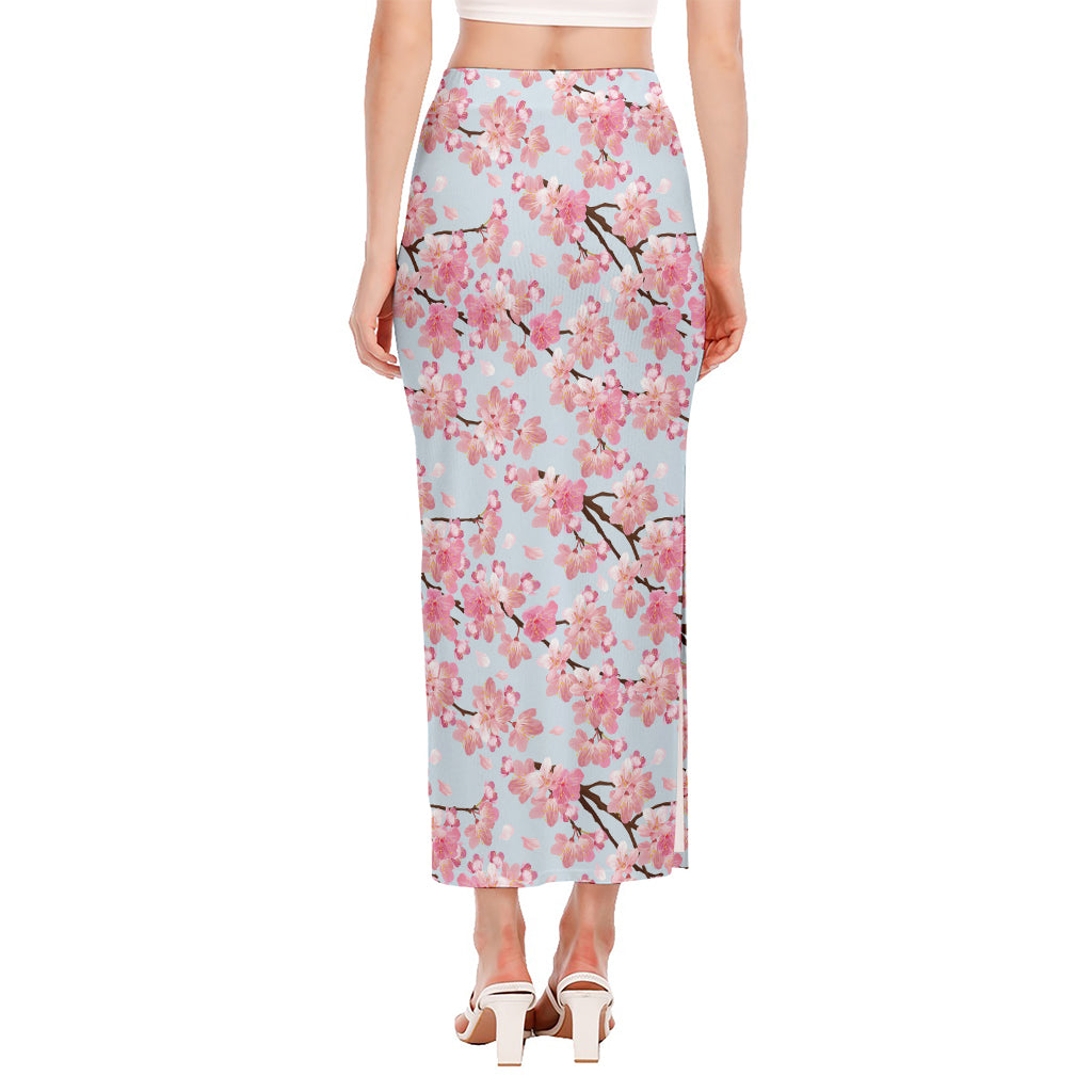 Sakura Flower Cherry Blossom Print Side Slit Maxi Skirt