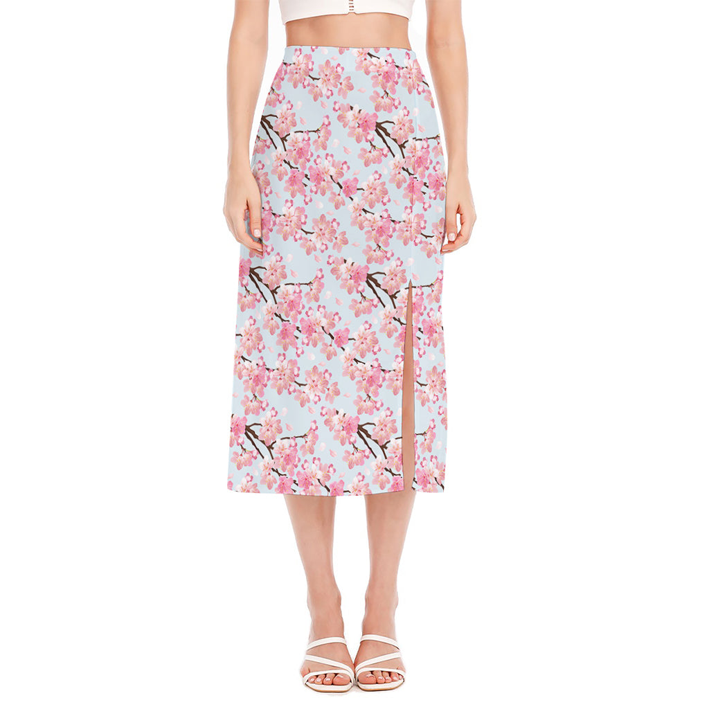 Sakura Flower Cherry Blossom Print Side Slit Midi Skirt