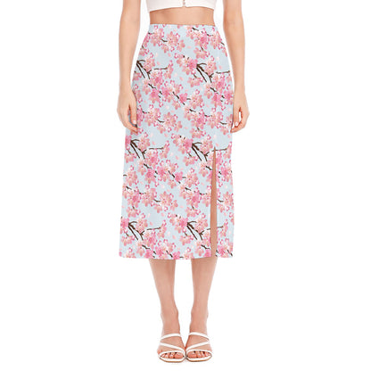 Sakura Flower Cherry Blossom Print Side Slit Midi Skirt