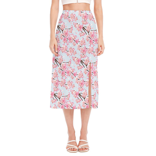 Sakura Flower Cherry Blossom Print Side Slit Midi Skirt