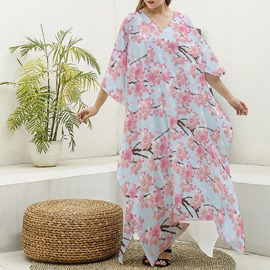 Sakura Flower Cherry Blossom Print Silk V-Neck Kaftan Dress