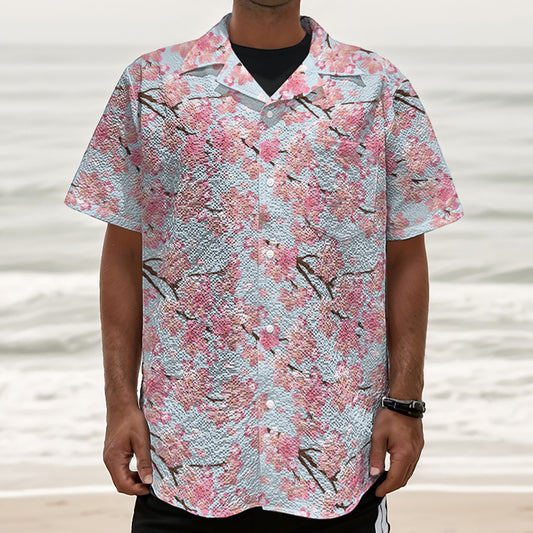 Sakura Flower Cherry Blossom Print Textured Short Sleeve Shirt