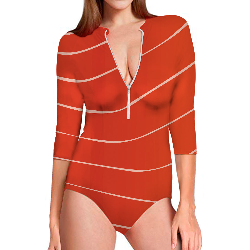 Salmon Artwork Print Long Sleeve Swimsuit