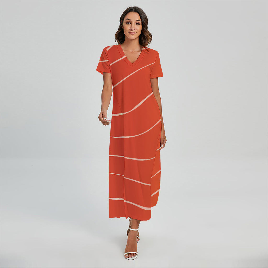 Salmon Artwork Print Short Sleeve Maxi Dress