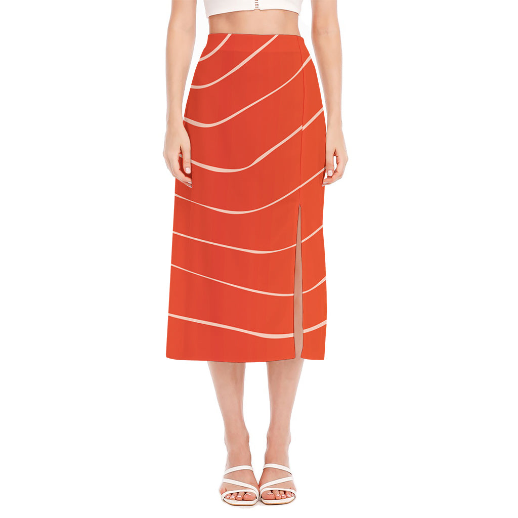 Salmon Artwork Print Side Slit Midi Skirt