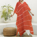 Salmon Artwork Print Silk V-Neck Kaftan Dress
