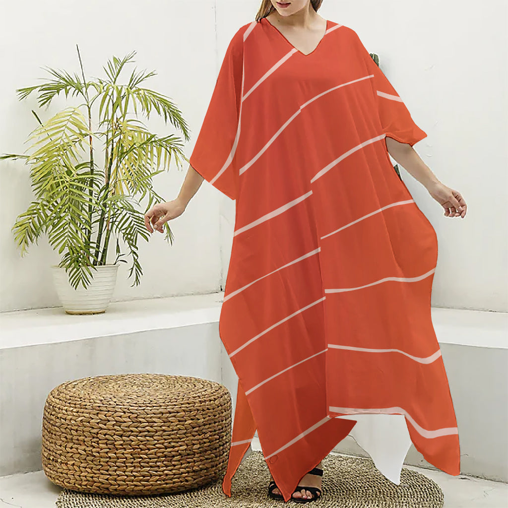 Salmon Artwork Print Silk V-Neck Kaftan Dress