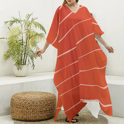 Salmon Artwork Print Silk V-Neck Kaftan Dress