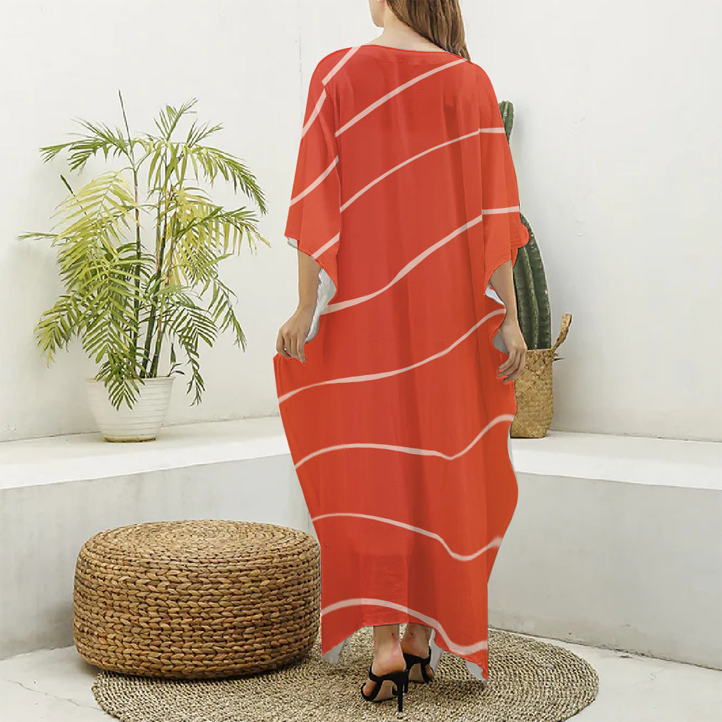 Salmon Artwork Print Silk V-Neck Kaftan Dress