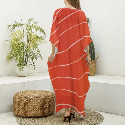Salmon Artwork Print Silk V-Neck Kaftan Dress