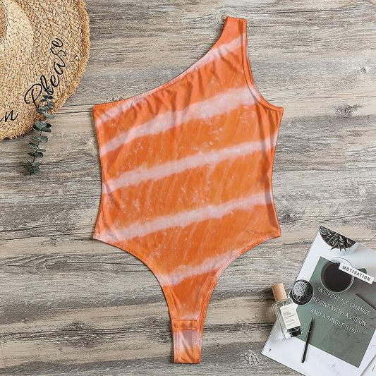 Salmon Fillet Print One Shoulder Bodysuit