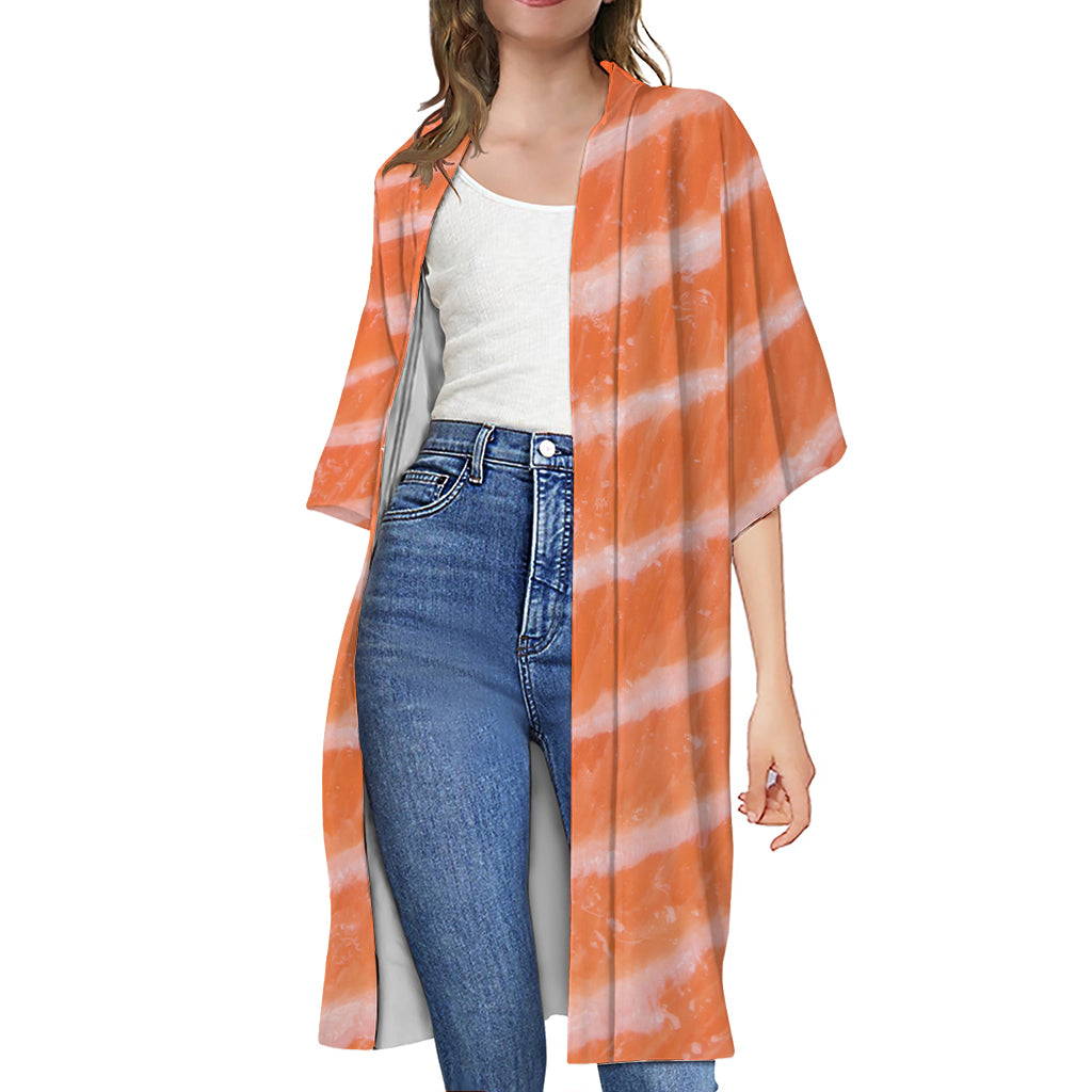 Salmon Fillet Print Open Front Beach Cover Up