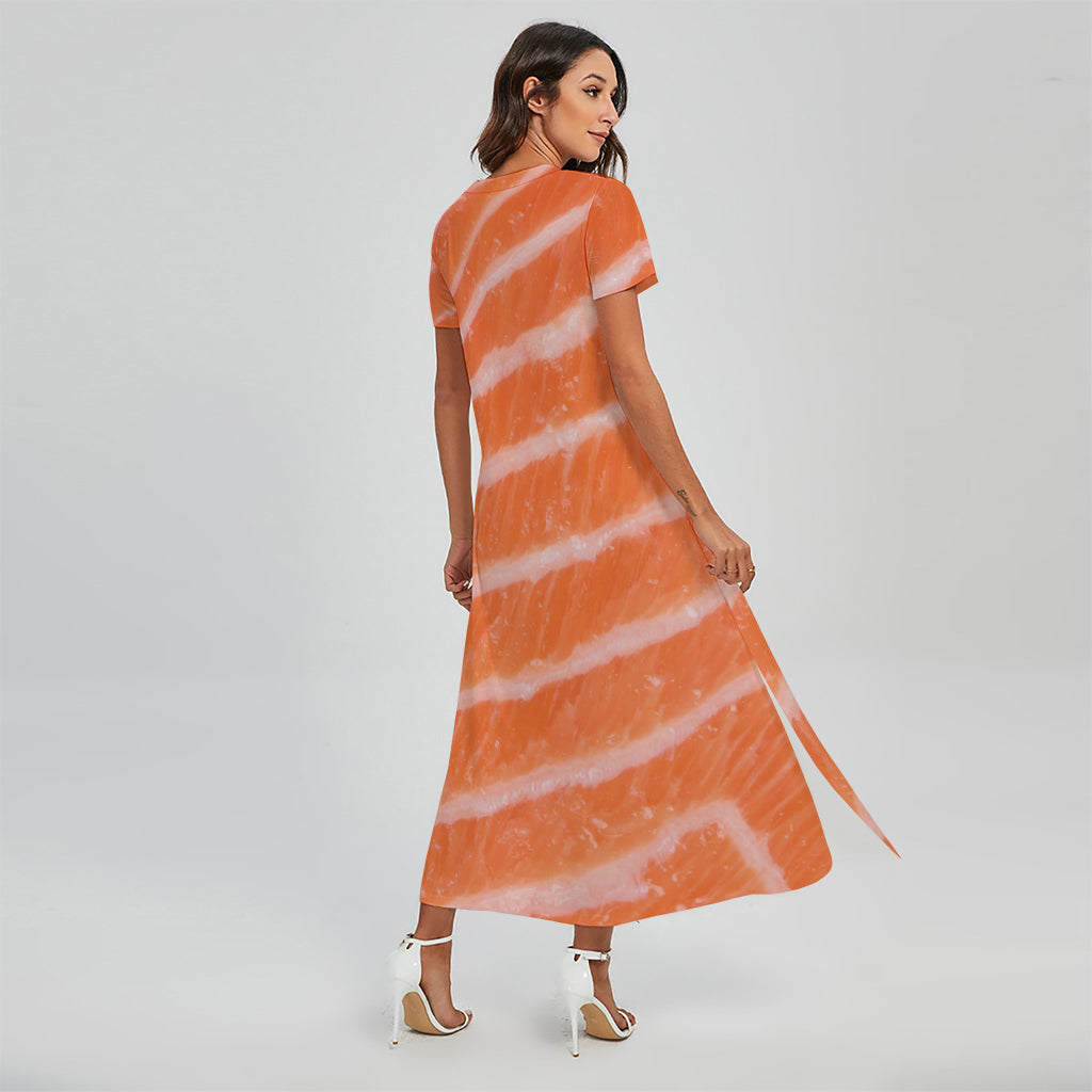 Salmon Fillet Print Short Sleeve Maxi Dress