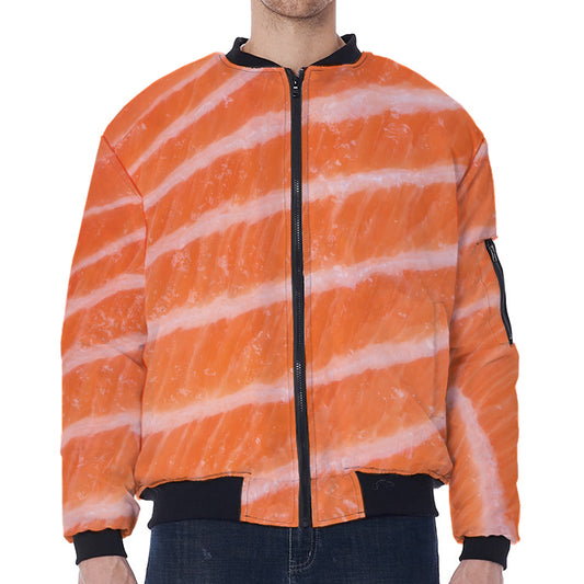 Salmon Fillet Print Zip Sleeve Bomber Jacket