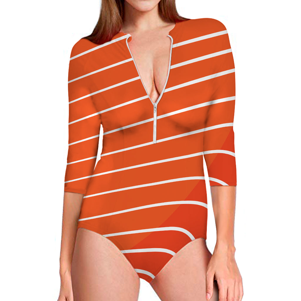 Salmon Print Long Sleeve Swimsuit