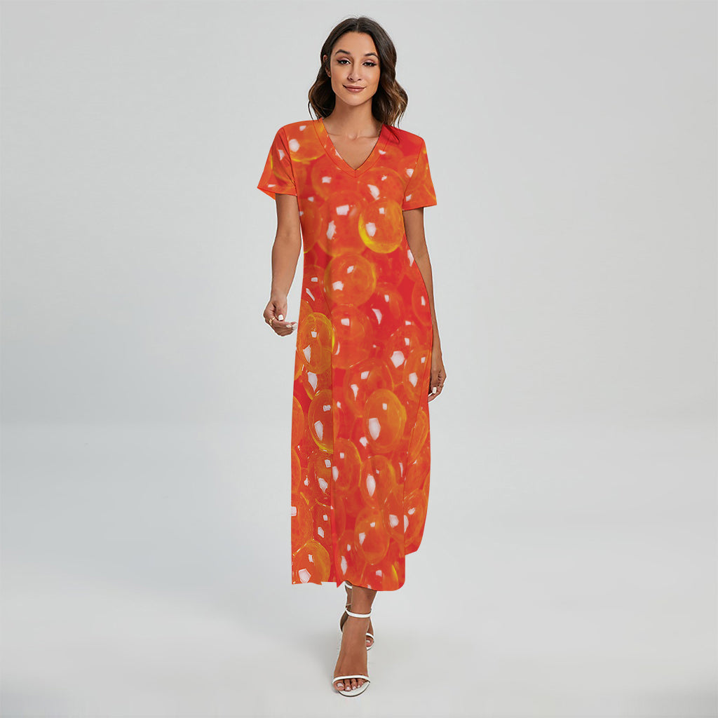 Salmon Roe Print Short Sleeve Maxi Dress