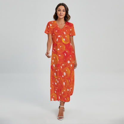 Salmon Roe Print Short Sleeve Maxi Dress