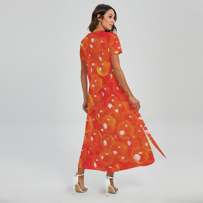 Salmon Roe Print Short Sleeve Maxi Dress